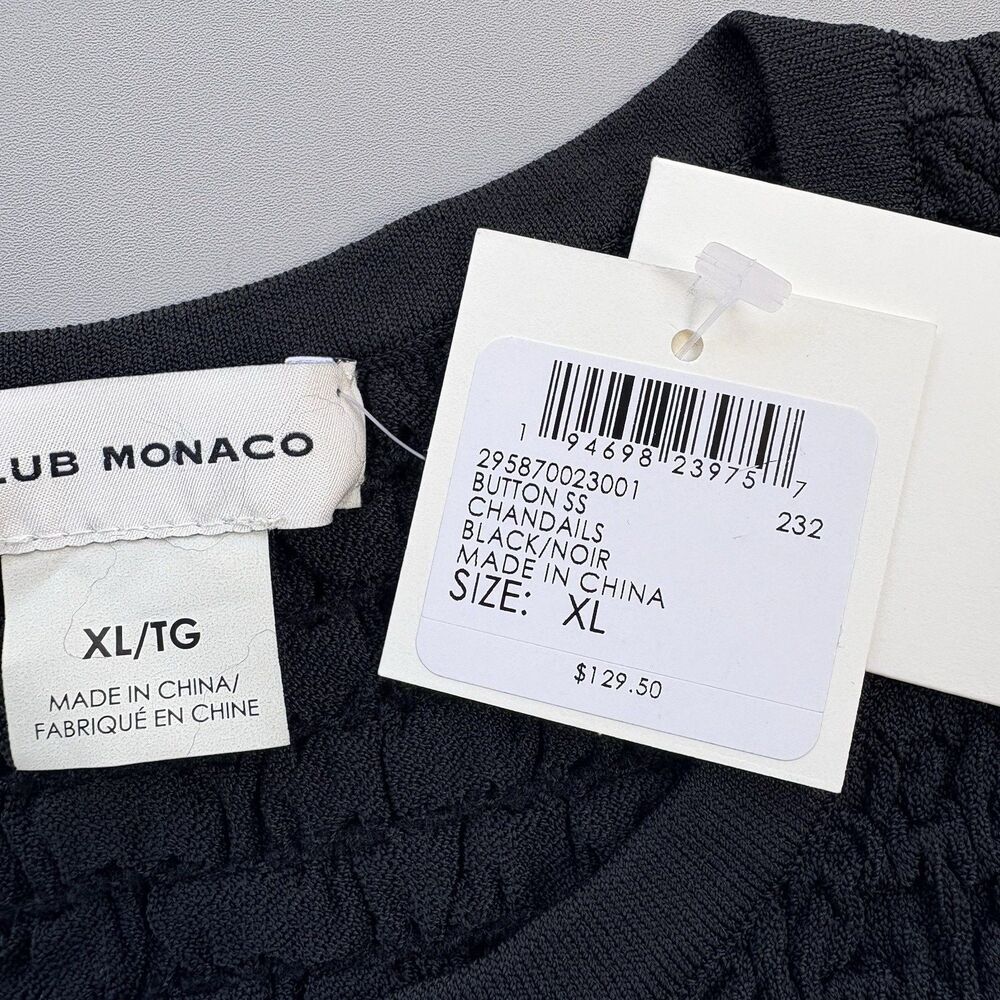 CLUB MONACO Womens XL Pucker Textured Button Front Short Sleeve Top Black Ruched - Picture 9 of 10